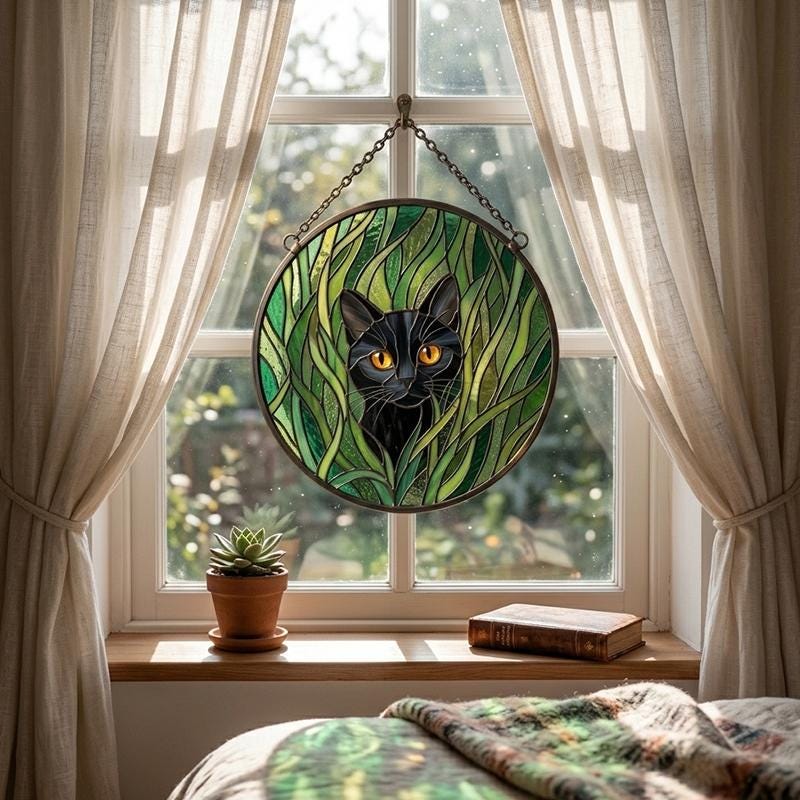 Black Cat Botanical Glass Suncatcher