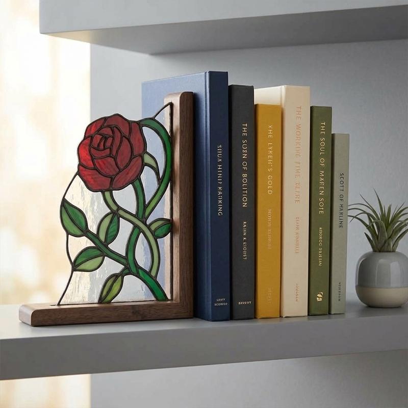 Rose and White Flower Glass Bookends