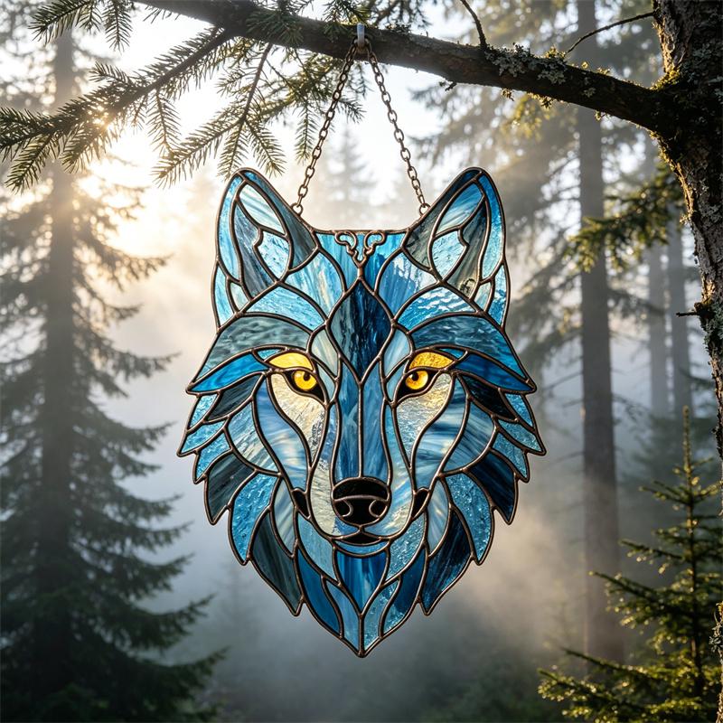 Blue and Amber Wolf Glass Suncatcher