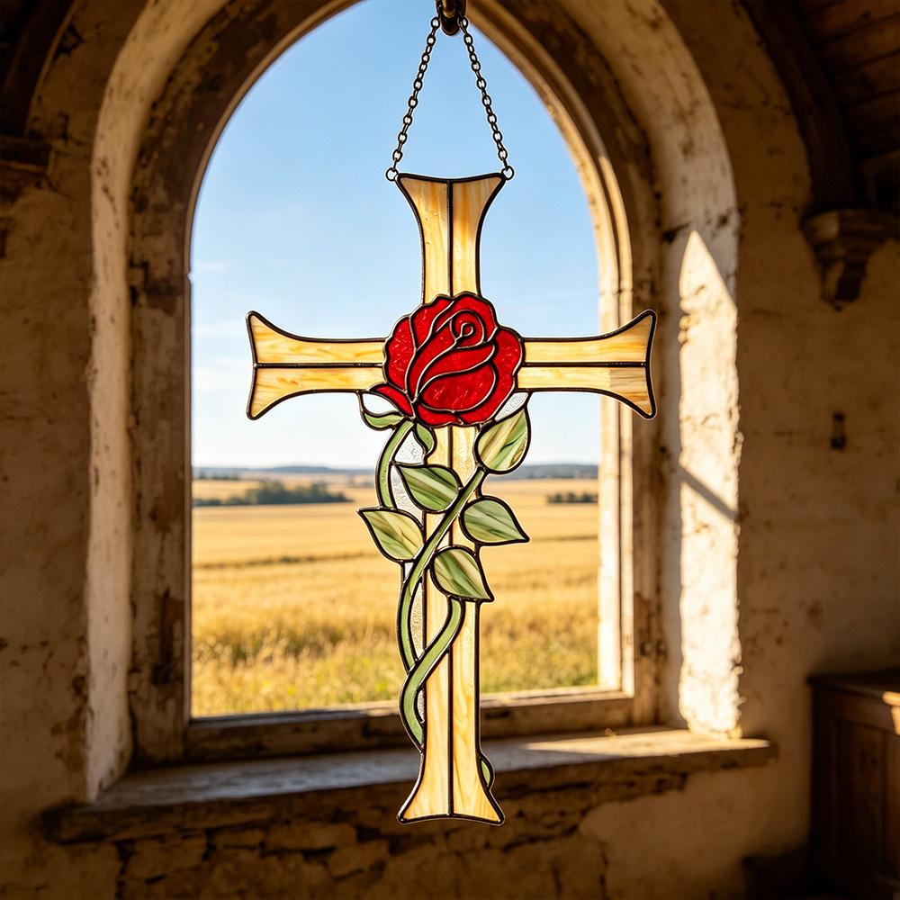 Red Rose Cross Glass Art
