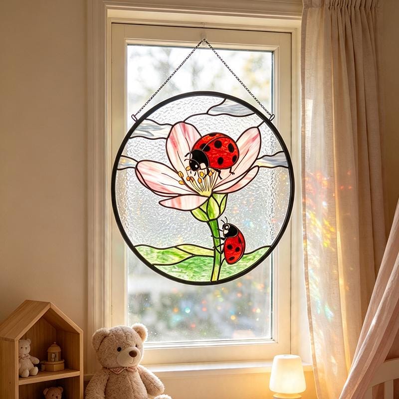 Pink Flower Ladybug Glass Suncatcher