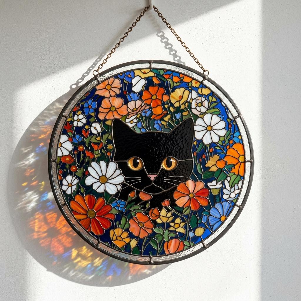 Black Cat Floral Glass Suncatcher