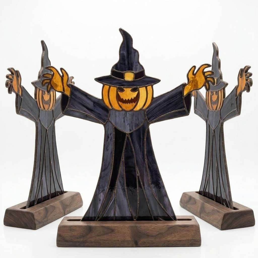 Pumpkin Witch Scarecrow Glass Decor