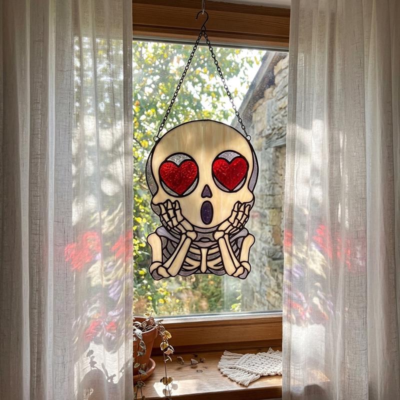 Heart-Eyed Skeleton Glass Suncatcher