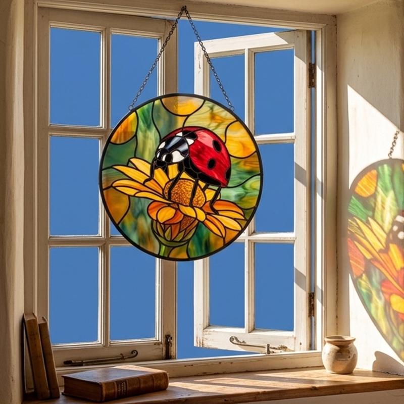 Ladybug Chrysanthemum Glass Suncatcher