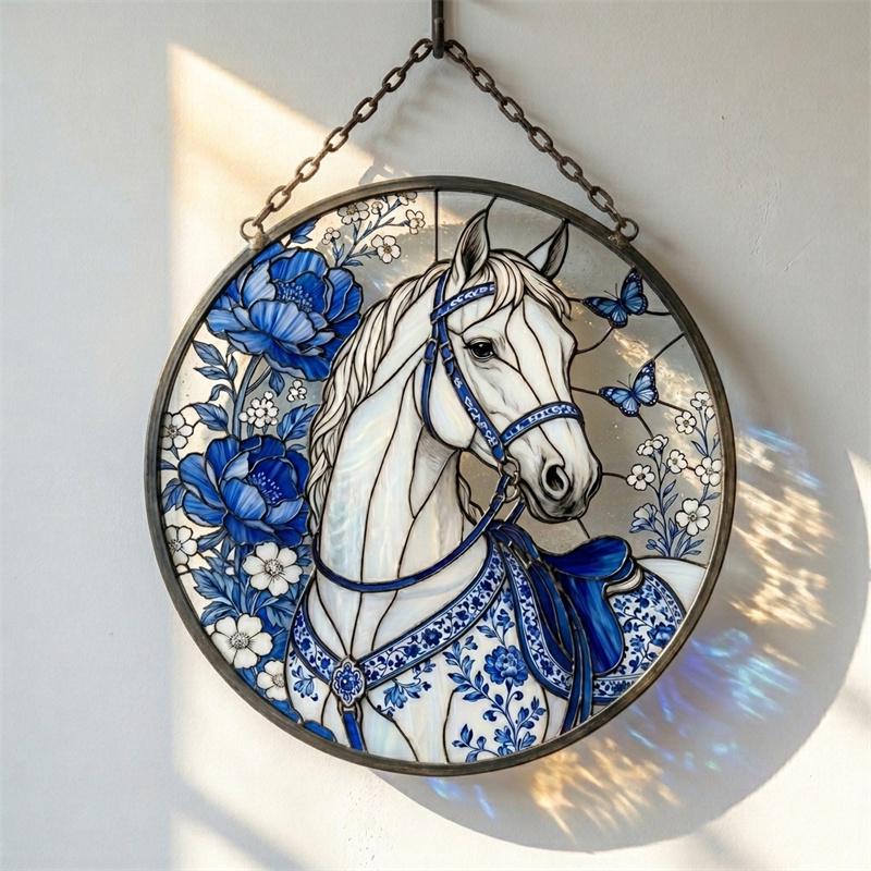 Blue Floral Horse Glass Suncatcher