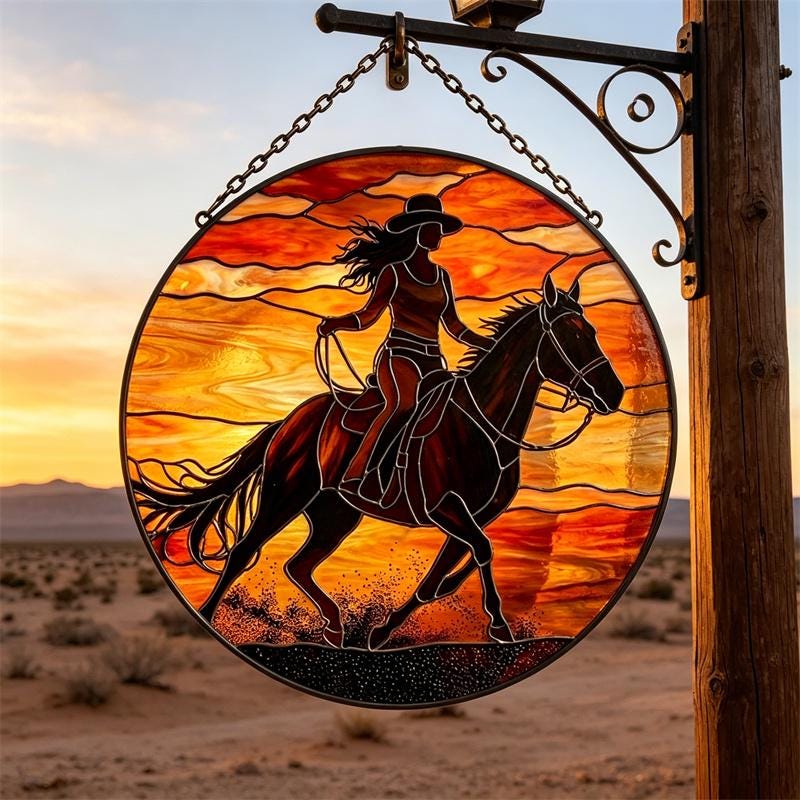 Sunset Cowgirl and Horse Glass Suncatcher