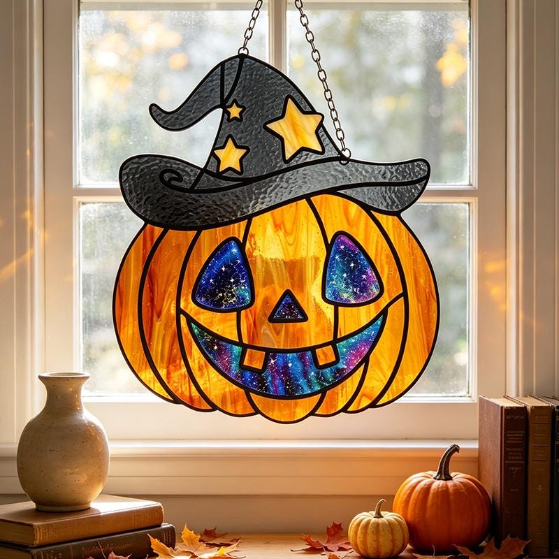 Witch Hat Pumpkin Glass Suncatcher