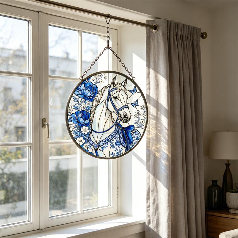 Blue Floral Horse Glass Suncatcher