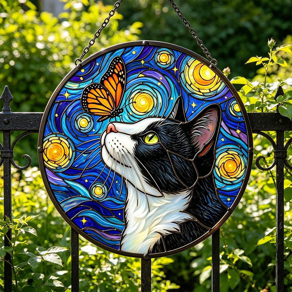 Starry Cat and Butterfly Glass Art