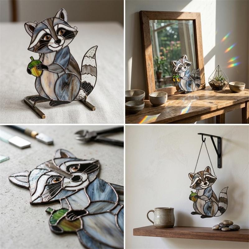 Rainbow Raccoon Glass Suncatcher