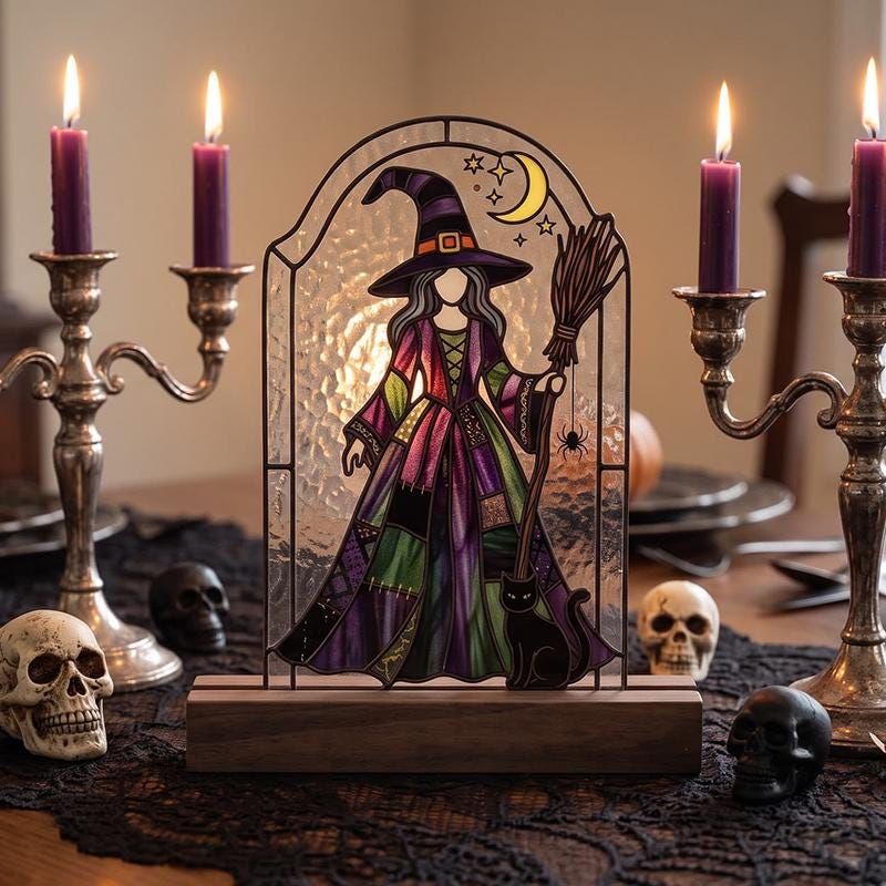 Witch and Black Cat Glass Decor