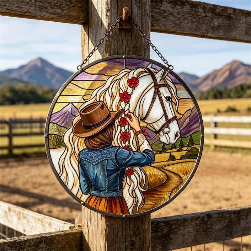Western Cowgirl and Horse Glass Suncatcher