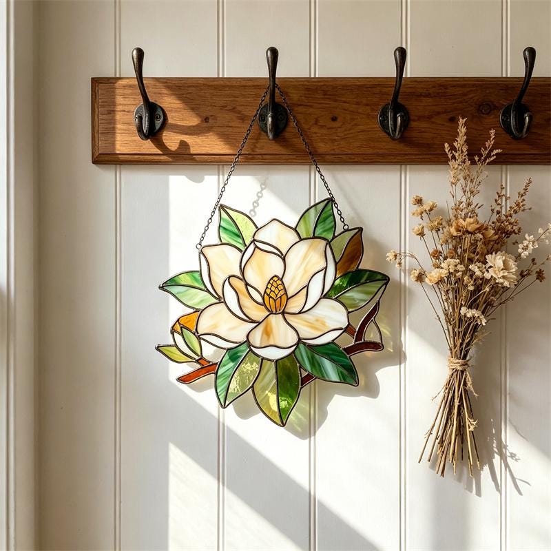 White Magnolia Glass Suncatcher