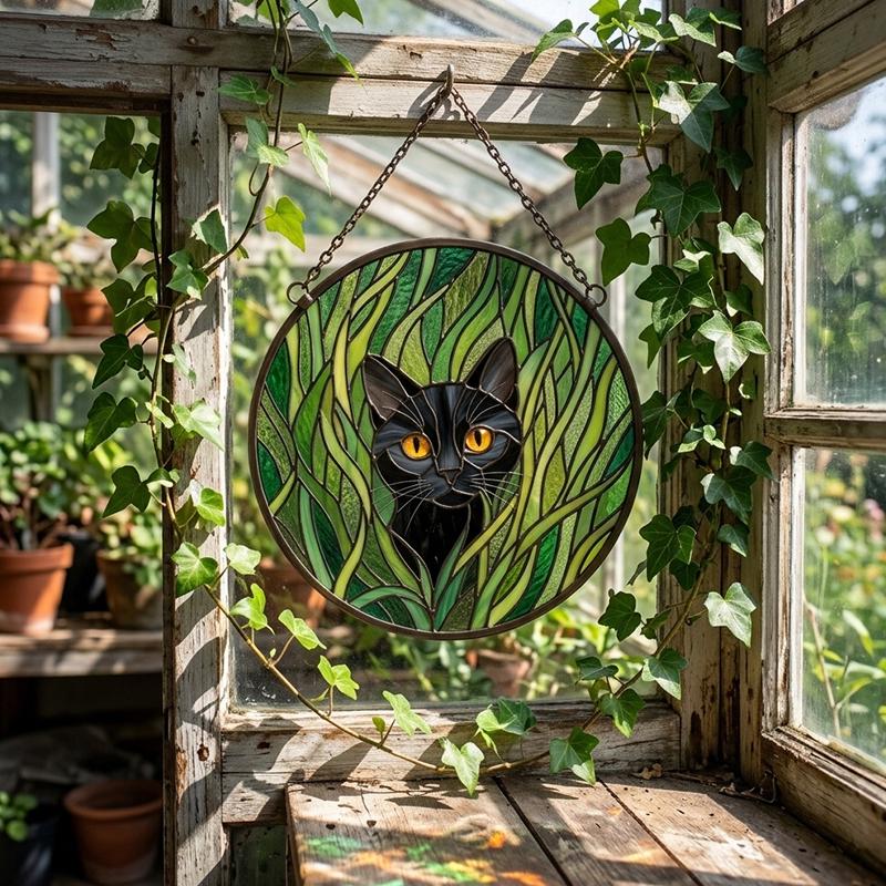 Black Cat Botanical Glass Suncatcher
