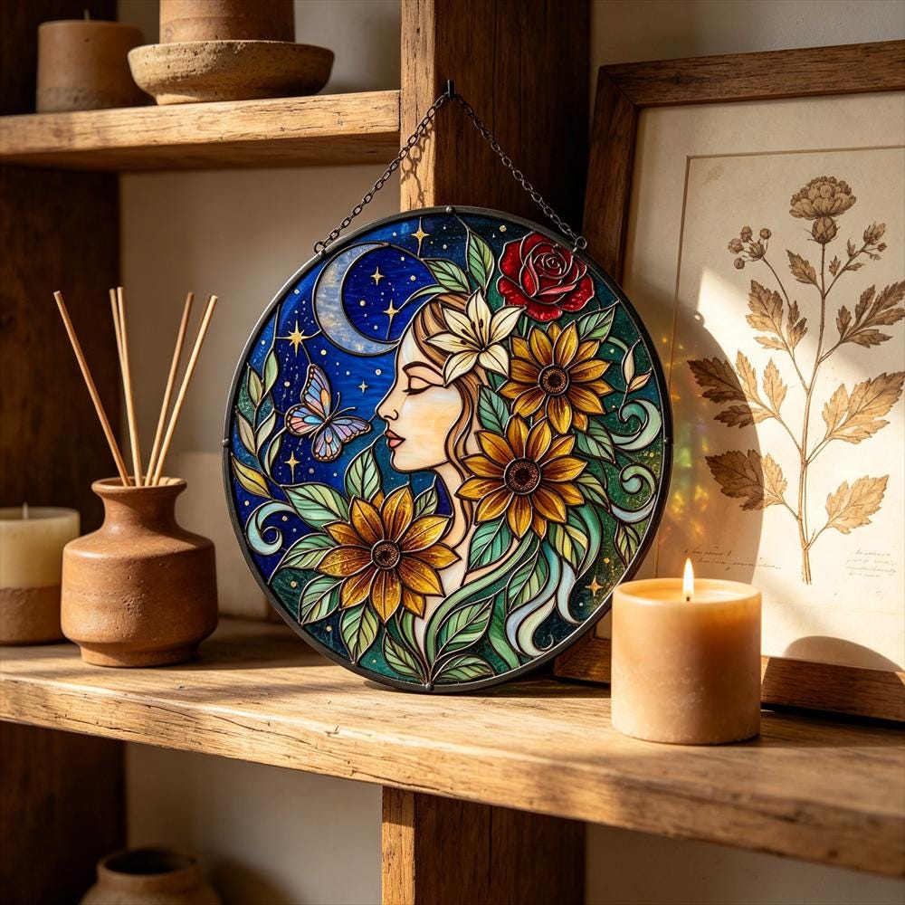 Moon and Butterfly Floral Glass Art