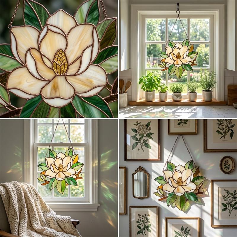 White Magnolia Glass Suncatcher