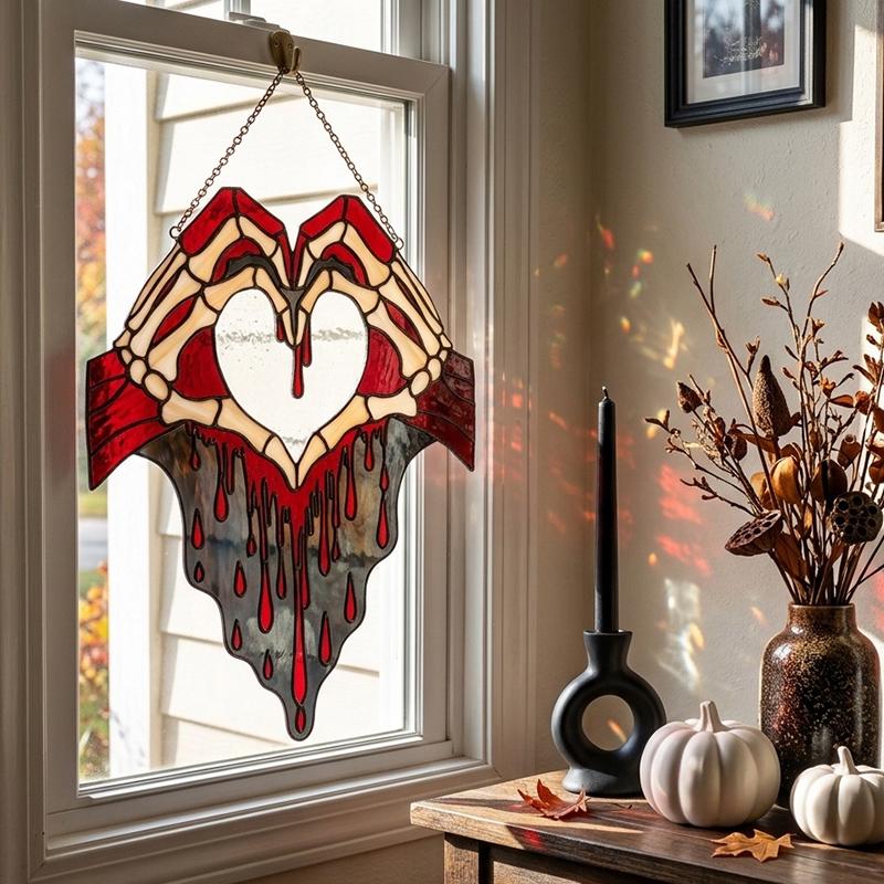 Skeleton Hands Heart Glass Suncatcher