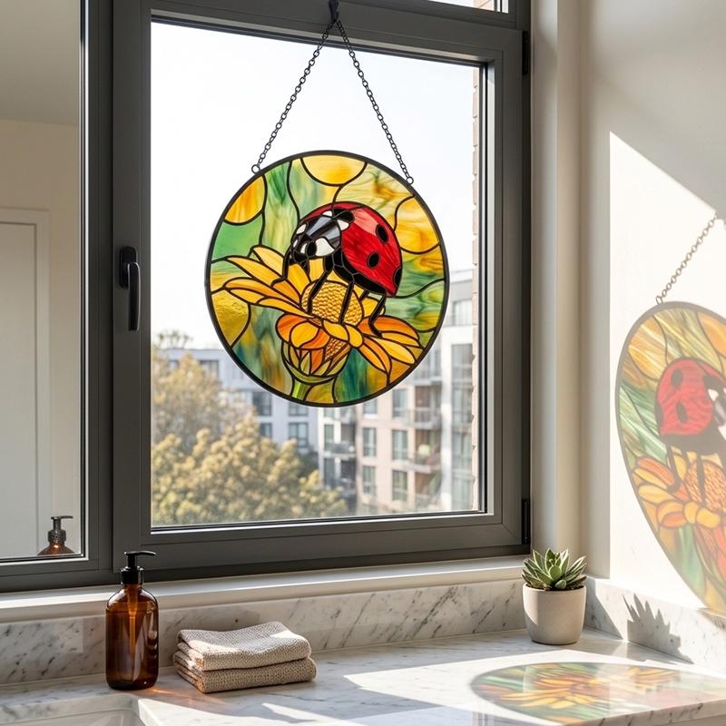 Ladybug Chrysanthemum Glass Suncatcher
