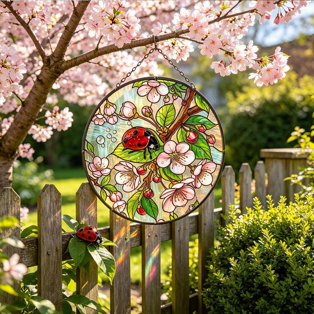 Ladybug Cherry Blossom Glass Suncatcher