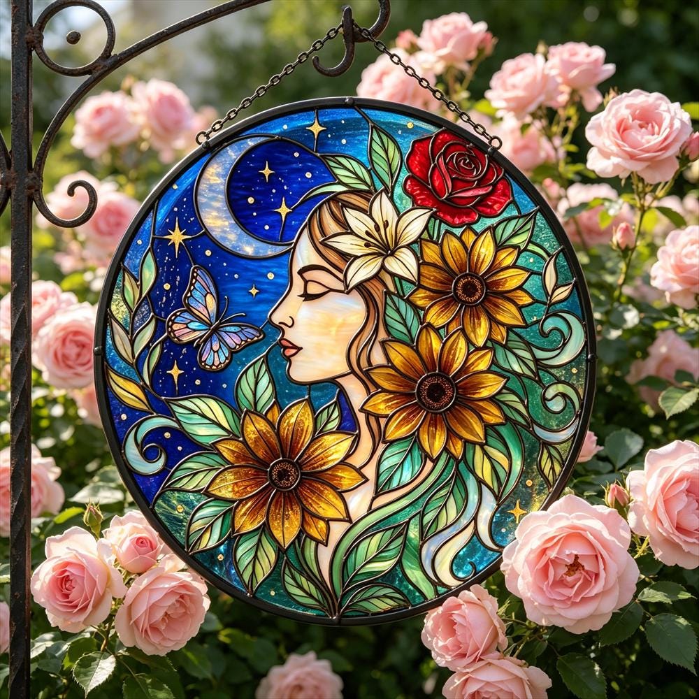 Moon and Butterfly Floral Glass Art