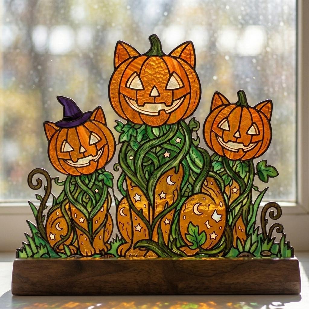 Pumpkin Cat Trio Glass Decor