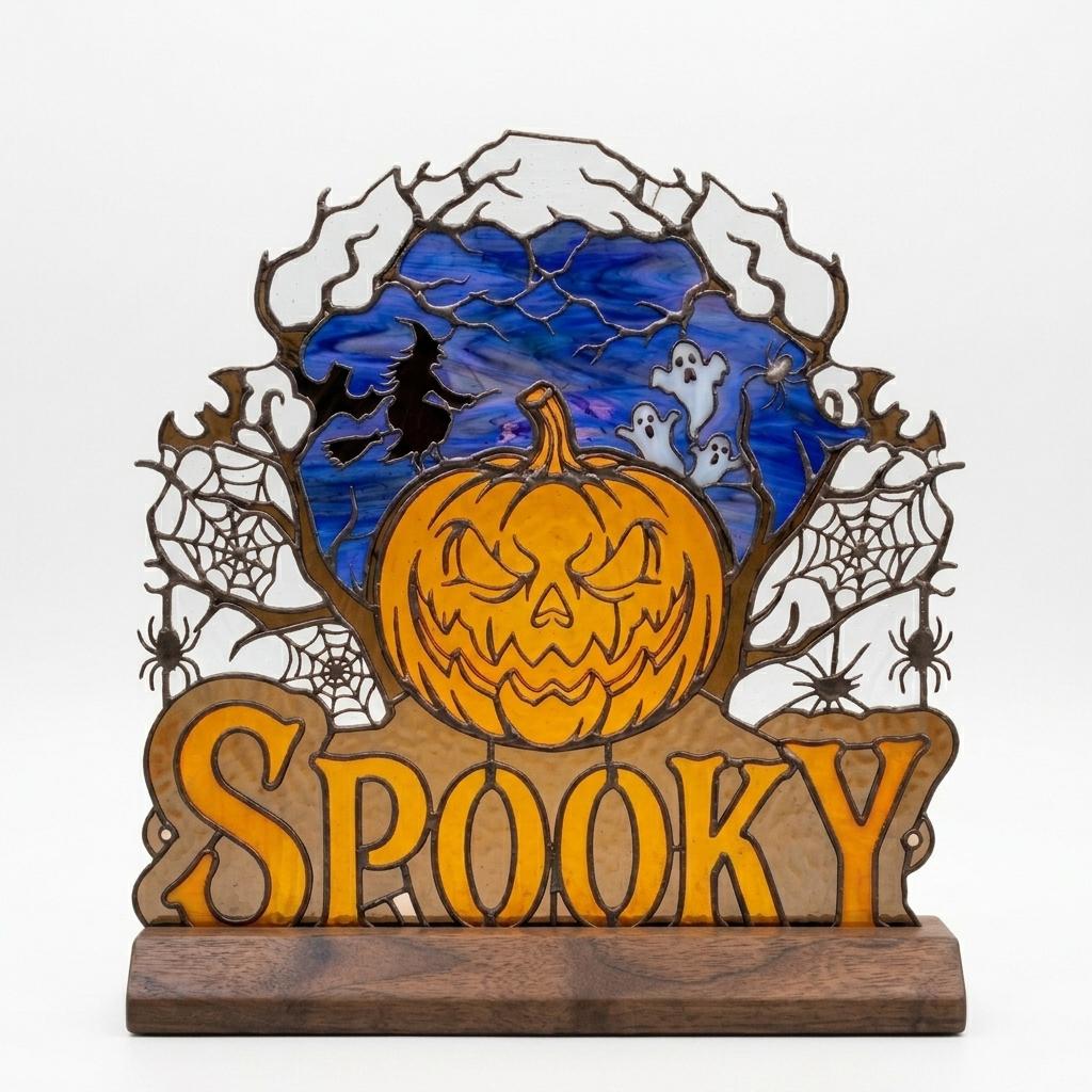 Witch and Ghost Pumpkin Glass Decor