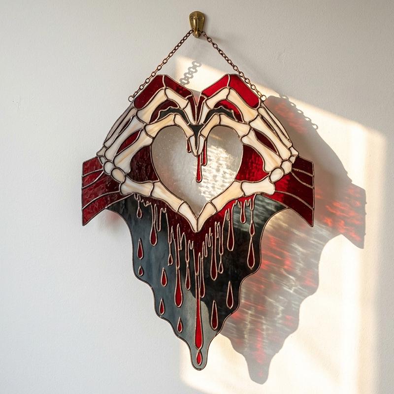 Skeleton Hands Heart Glass Suncatcher