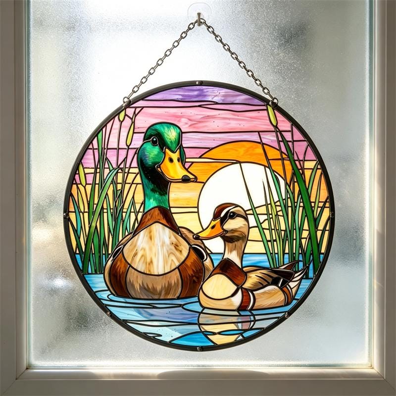 Sunset Duck Couple Glass Wall Hanging