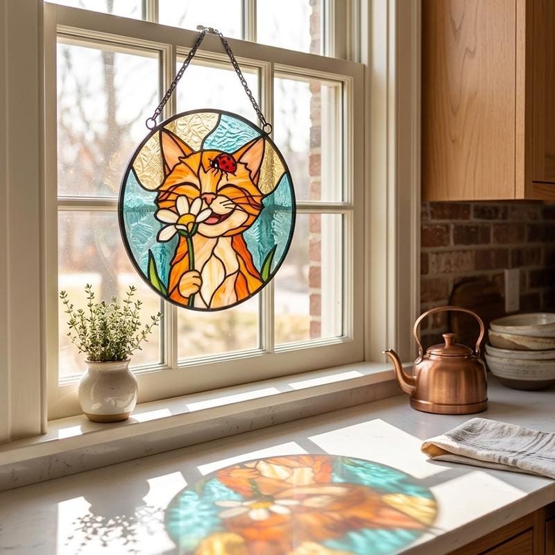 Orange Cat Daisy Glass Suncatcher