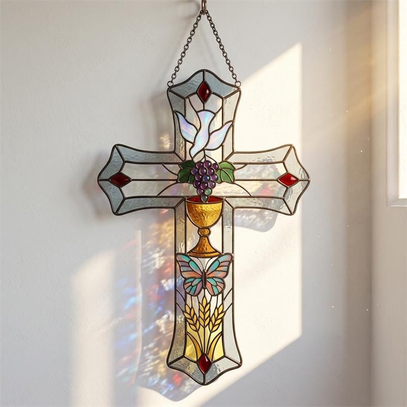 Butterfly and Grape Cross Glass Art