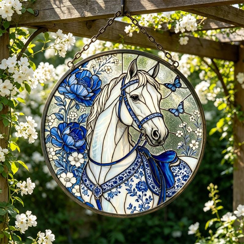 Blue Floral Horse Glass Suncatcher