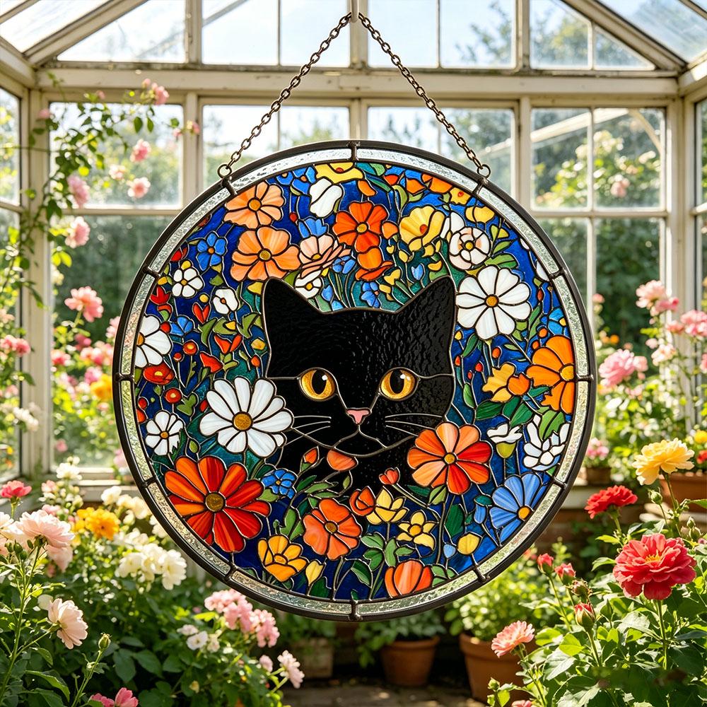 Black Cat Floral Glass Suncatcher