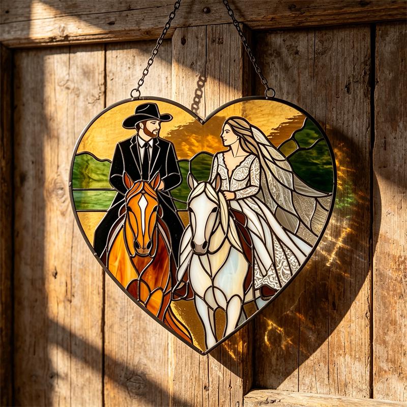 Bride and Groom Horse Heart Glass Suncatcher