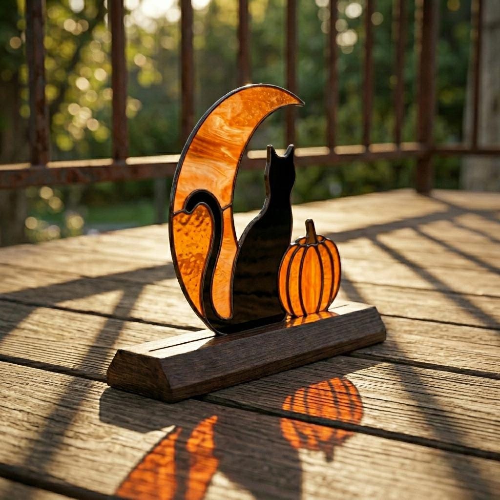 Black Cat Moon and Pumpkin Glass Decor