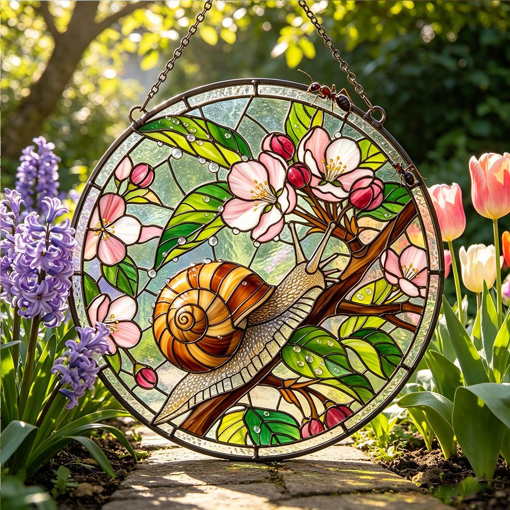 Snail Cherry Blossom Glass Suncatcher