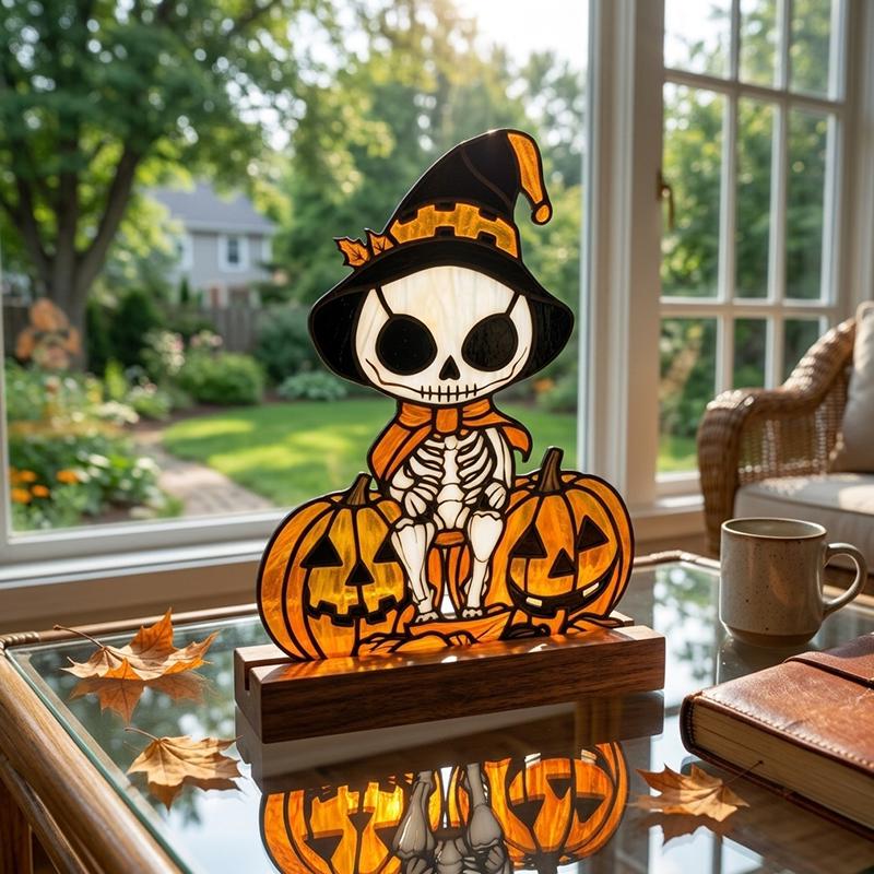 Skeleton Pumpkin Glass Decor