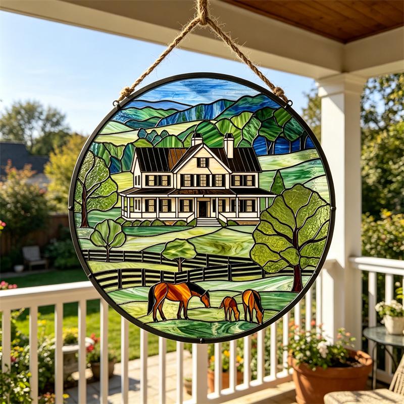 Farmhouse and Horses Glass Panel