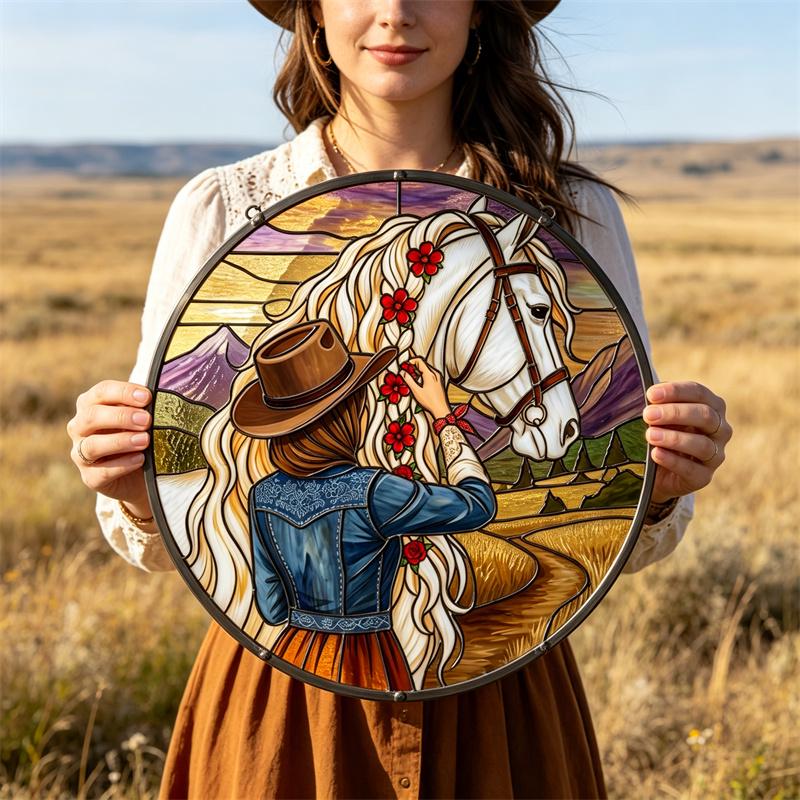 Western Cowgirl and Horse Glass Suncatcher