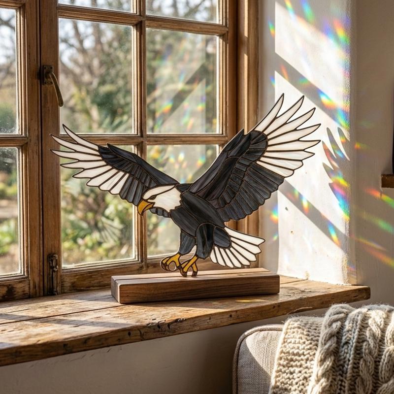 Bald Eagle Glass Decor with Walnut Base