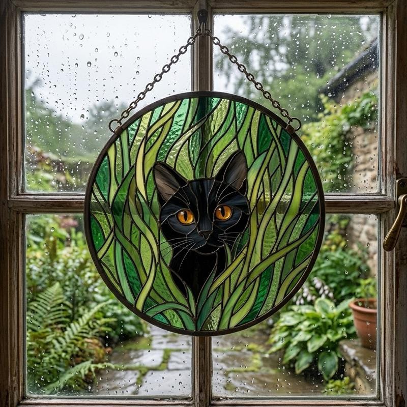 Black Cat Botanical Glass Suncatcher