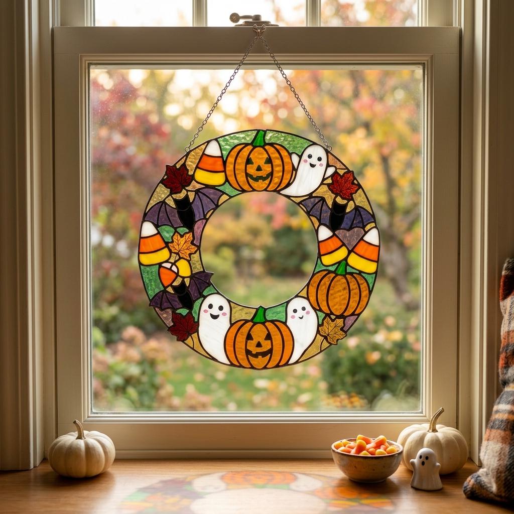 Pumpkin Party Wreath Glass Suncatcher