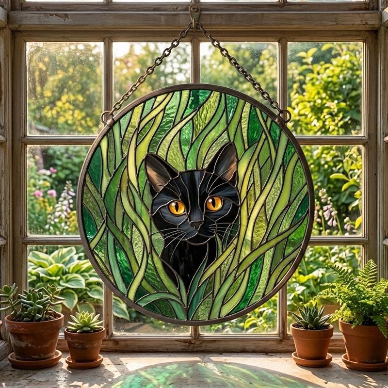 Black Cat Botanical Glass Suncatcher