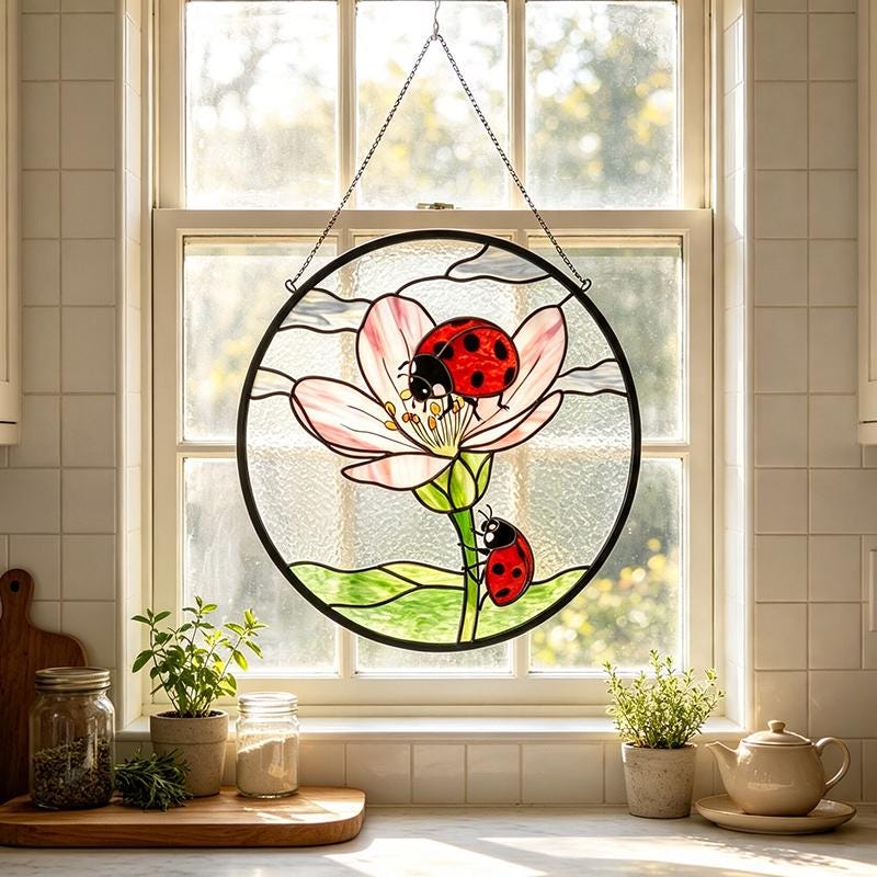 Pink Flower Ladybug Glass Suncatcher