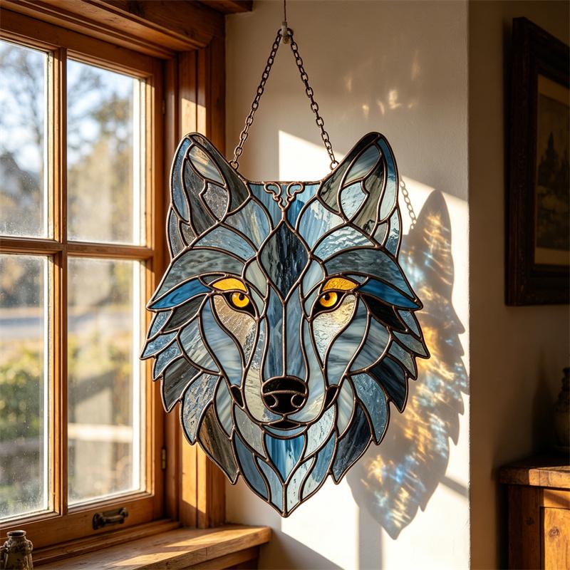 Blue and Amber Wolf Glass Suncatcher