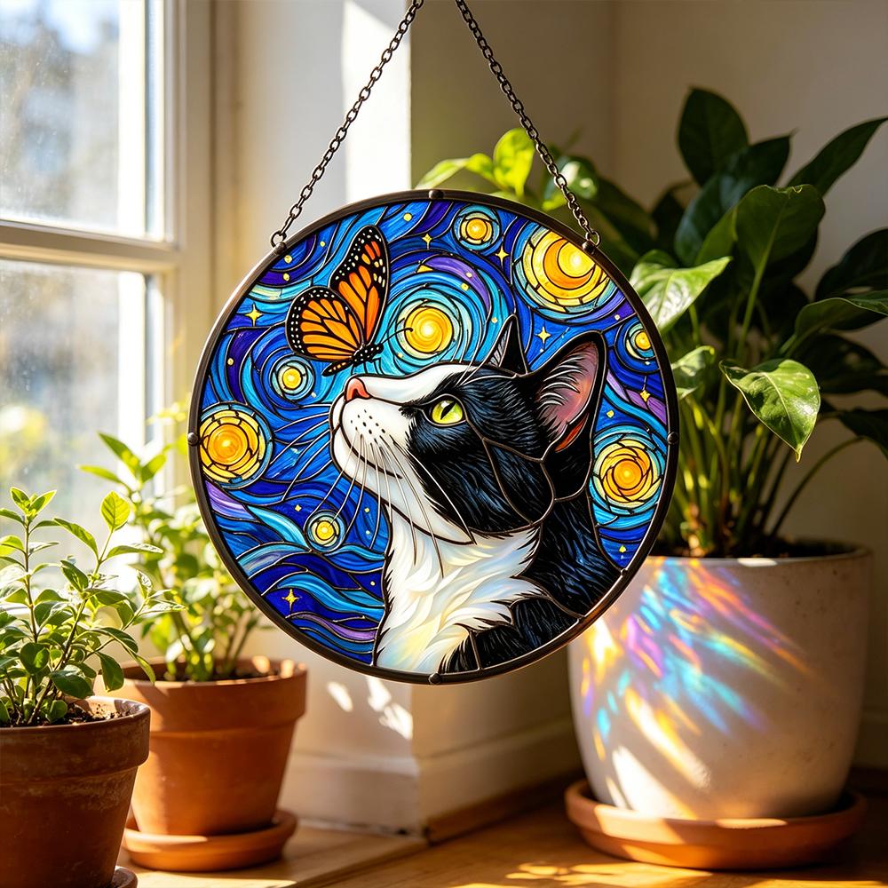 Starry Cat and Butterfly Glass Art